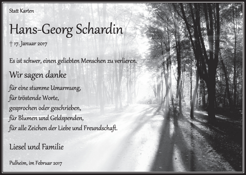  Traueranzeige für Hans-Georg Schardin vom 04.02.2017 aus  Sonntags-Post 