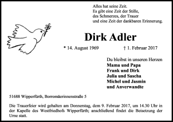 Anzeige von Dirk Adler von Kölner Stadt-Anzeiger / Kölnische Rundschau / Express