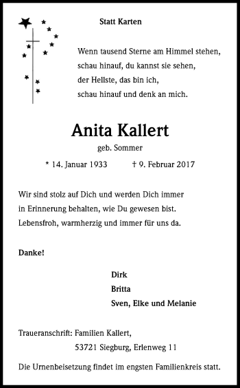 Anzeige von Anita Kallert von Kölner Stadt-Anzeiger / Kölnische Rundschau / Express