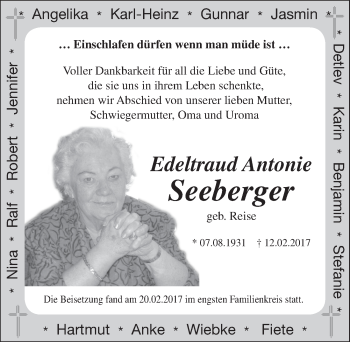 Anzeige von Edeltraud Antonie Seeberger von  Anzeigen Echo 