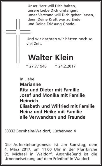 Anzeige von Walter Klein von  Schaufenster/Blickpunkt  Schlossbote/Werbekurier 