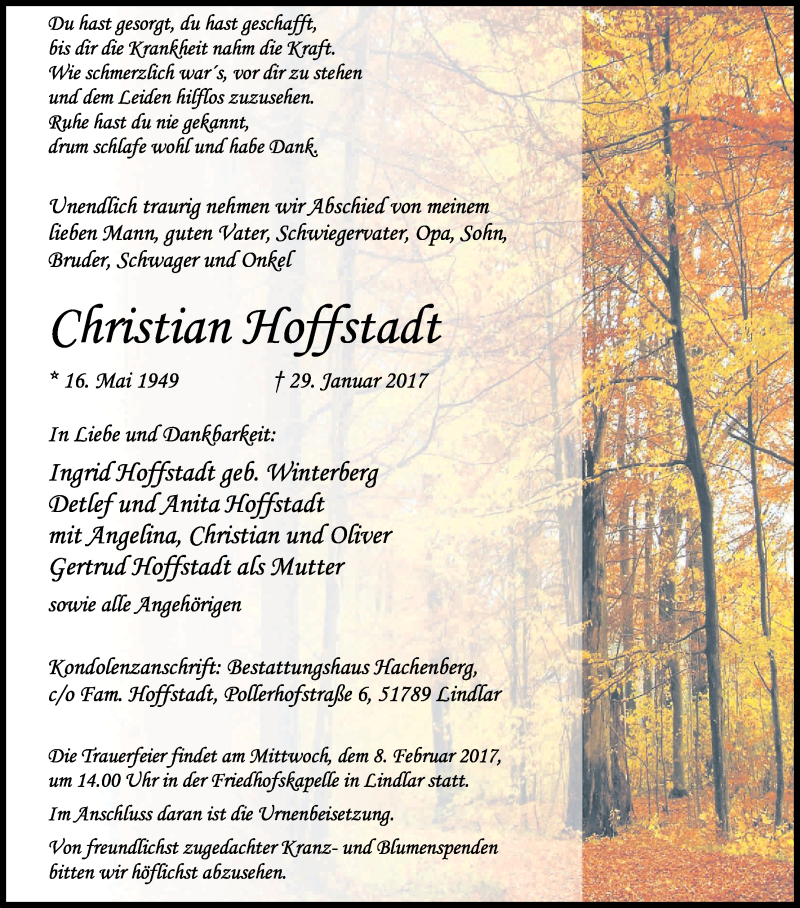  Traueranzeige für Christian Hoffstadt vom 04.02.2017 aus Kölner Stadt-Anzeiger / Kölnische Rundschau / Express