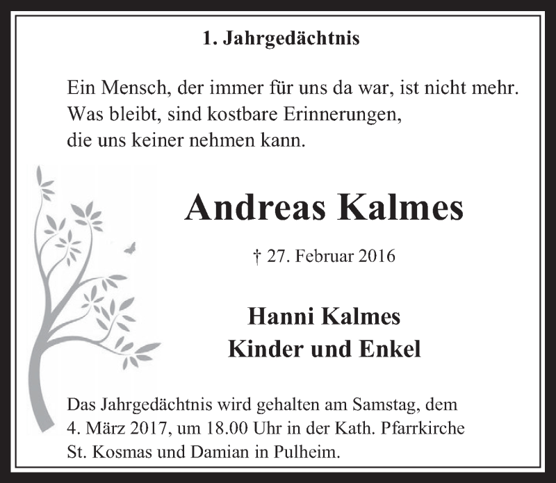  Traueranzeige für Andreas Kalmes vom 01.03.2017 aus  Wochenende 