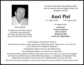 Anzeige von Axel Piel von Kölner Stadt-Anzeiger / Kölnische Rundschau / Express