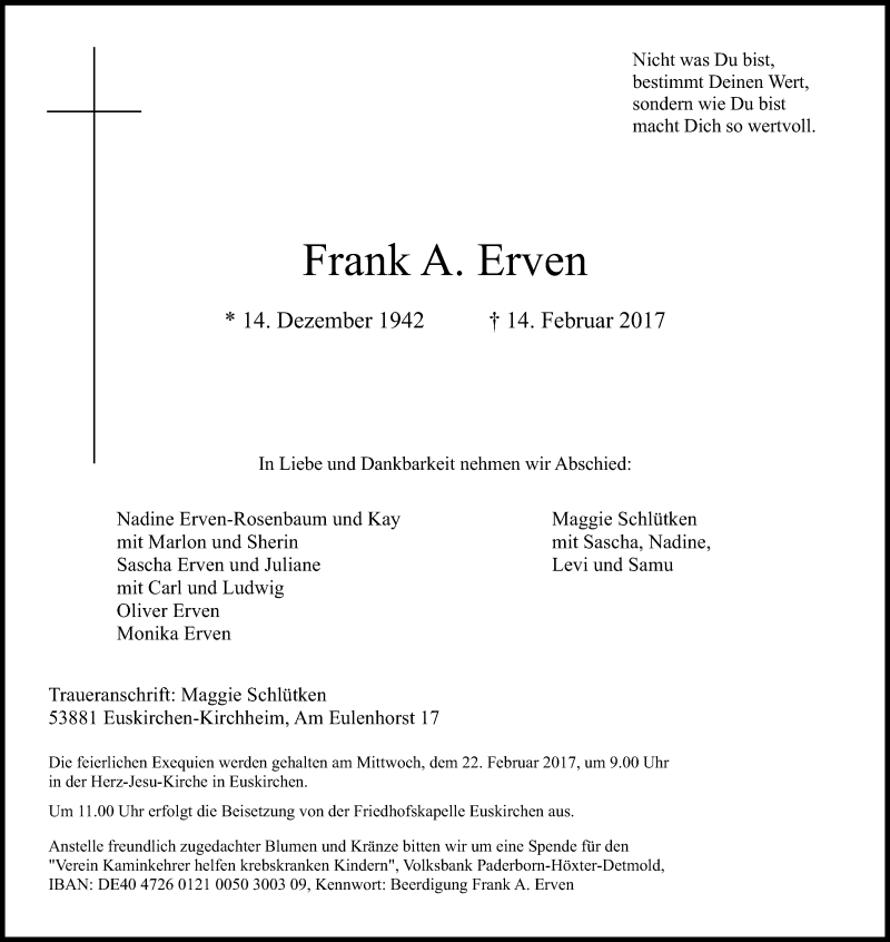  Traueranzeige für Frank A. Erven vom 18.02.2017 aus Kölner Stadt-Anzeiger / Kölnische Rundschau / Express