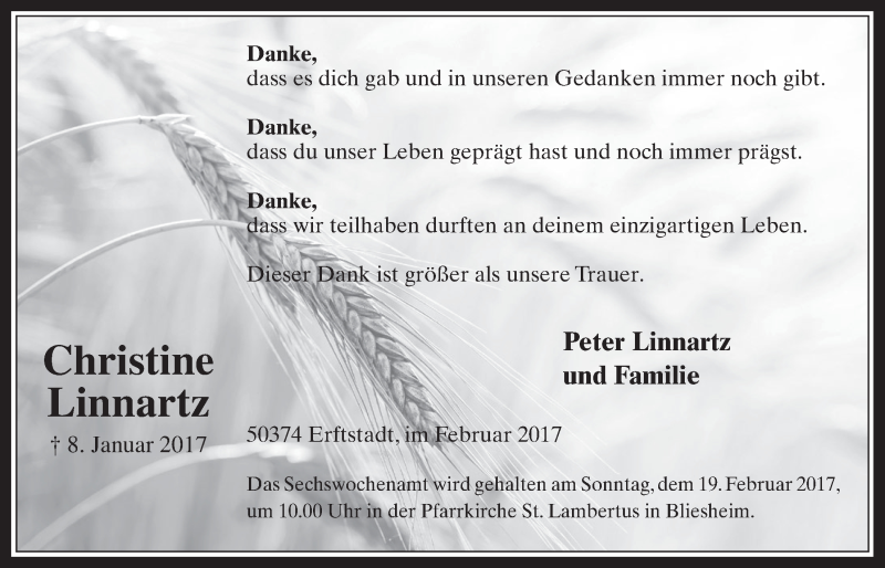  Traueranzeige für Christine Linnartz vom 15.02.2017 aus  Werbepost 