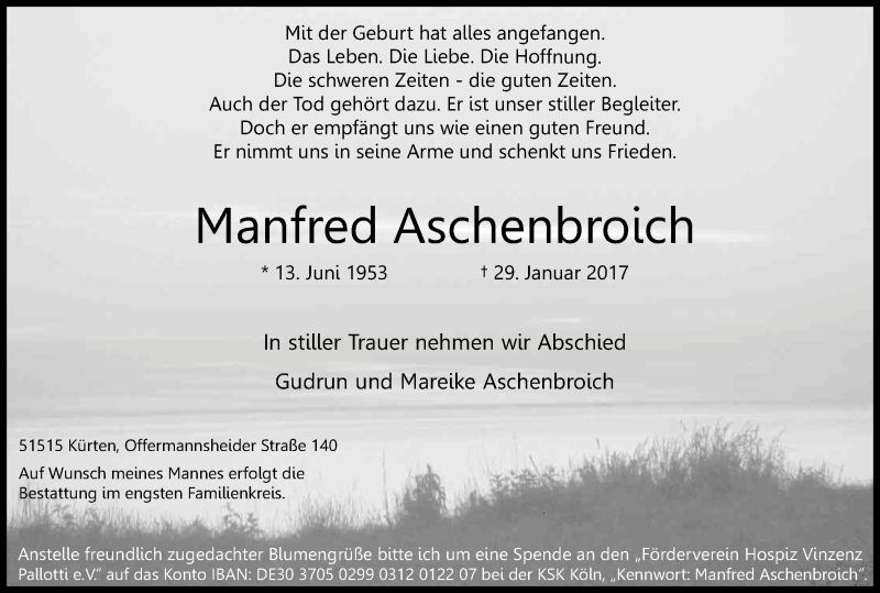  Traueranzeige für Manfred Aschenbroich vom 04.02.2017 aus Kölner Stadt-Anzeiger / Kölnische Rundschau / Express