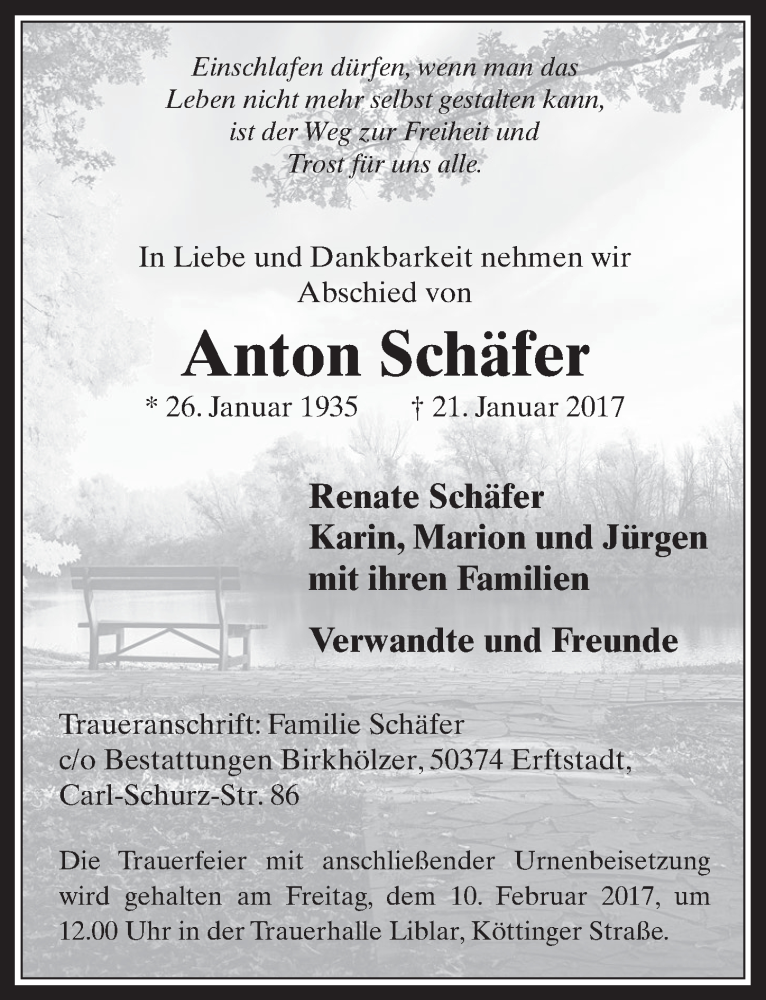  Traueranzeige für Anton Schäfer vom 08.02.2017 aus  Werbepost 