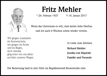 Anzeige von Fritz Mehler von Kölner Stadt-Anzeiger / Kölnische Rundschau / Express