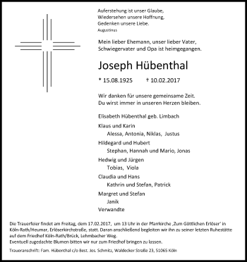Anzeige von Joseph Hübenthal von Kölner Stadt-Anzeiger / Kölnische Rundschau / Express