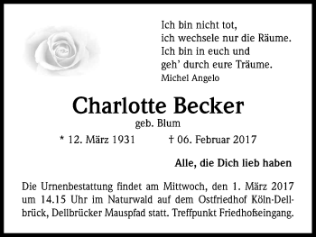Anzeige von Charlotte Becker von Kölner Stadt-Anzeiger / Kölnische Rundschau / Express