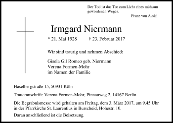 Anzeige von Irmgard Niermann von Kölner Stadt-Anzeiger / Kölnische Rundschau / Express