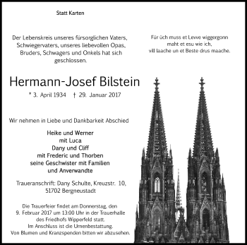 Anzeige von Hermann-Josef Bilstein von Kölner Stadt-Anzeiger / Kölnische Rundschau / Express