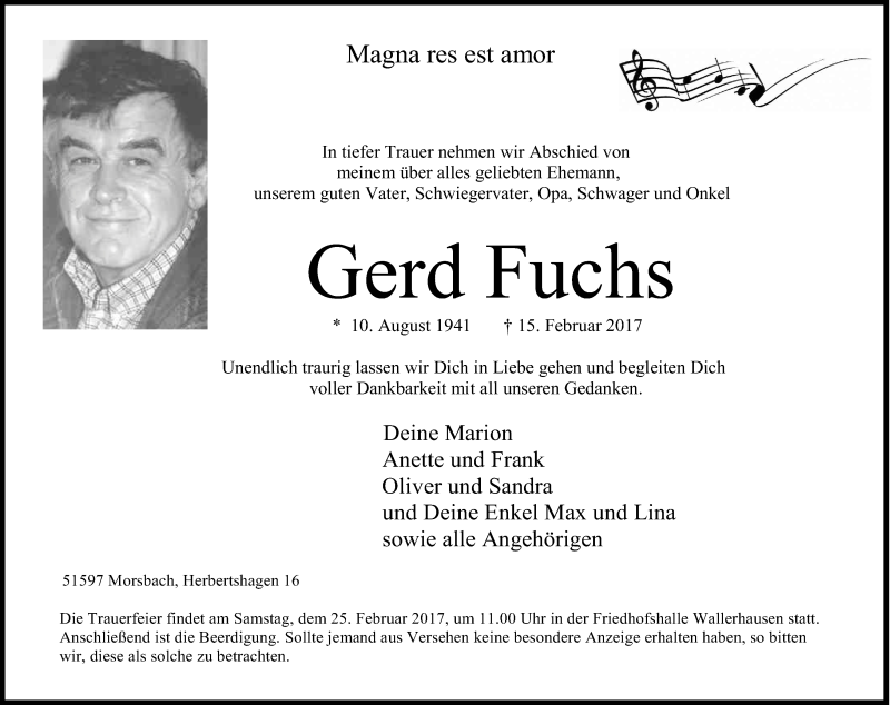  Traueranzeige für Gerd Fuchs vom 22.02.2017 aus Kölner Stadt-Anzeiger / Kölnische Rundschau / Express