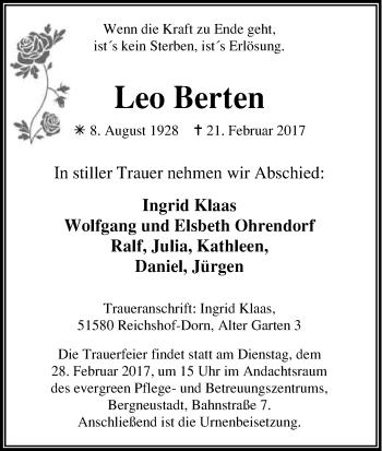 Anzeige von Leo Berten von Kölner Stadt-Anzeiger / Kölnische Rundschau / Express