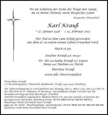 Anzeige von Karl Krauß von Kölner Stadt-Anzeiger / Kölnische Rundschau / Express