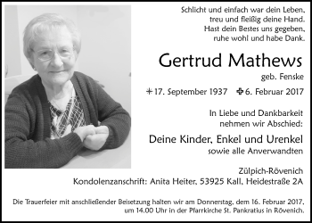 Anzeige von Gertrud Mathews von  Blickpunkt Euskirchen 