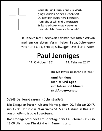 Anzeige von Paul Jenniges von Kölner Stadt-Anzeiger / Kölnische Rundschau / Express