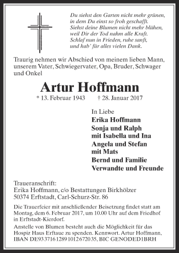 Anzeige von Artur Hoffmann von  Sonntags-Post 