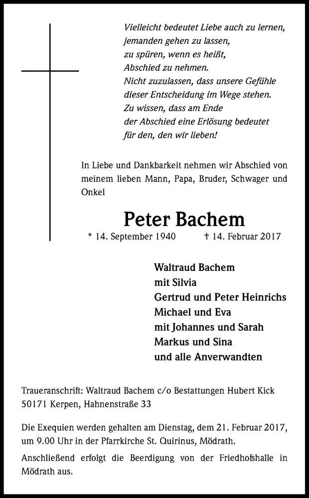  Traueranzeige für Peter Bachem vom 18.02.2017 aus Kölner Stadt-Anzeiger / Kölnische Rundschau / Express