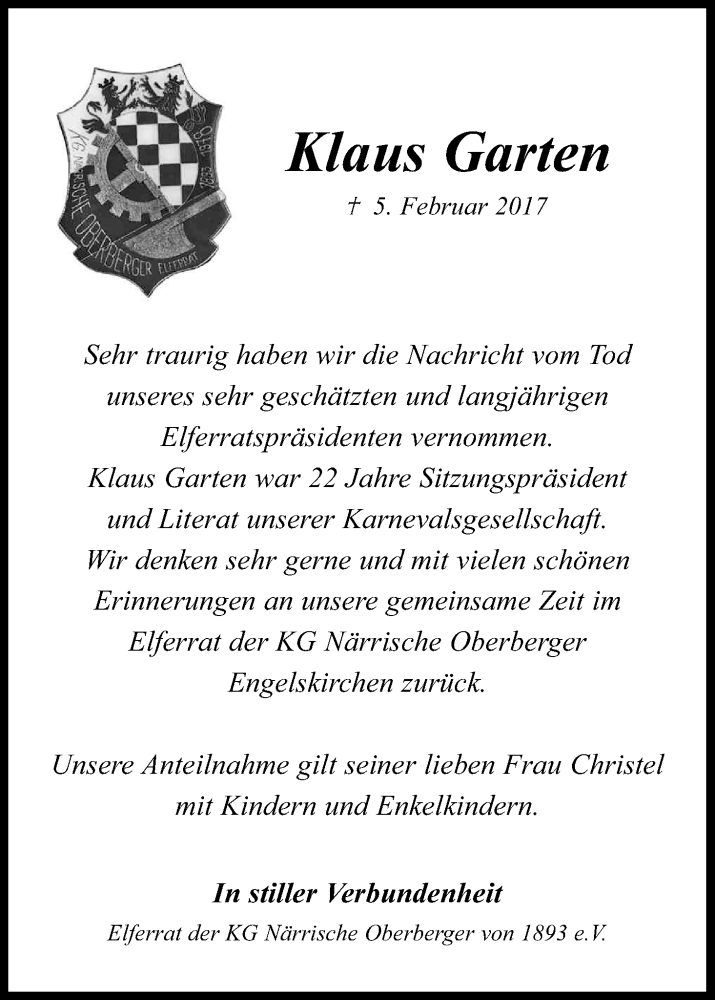  Traueranzeige für Klaus Garten vom 09.02.2017 aus Kölner Stadt-Anzeiger / Kölnische Rundschau / Express