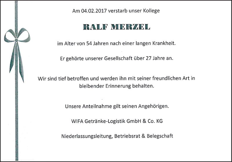  Traueranzeige für Ralf Merzel vom 15.02.2017 aus  Extra Blatt 