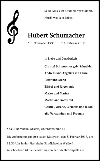 Anzeige von Hubert Schumacher von Kölner Stadt-Anzeiger / Kölnische Rundschau / Express