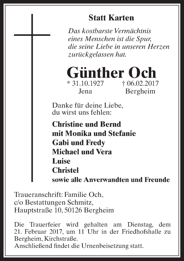  Traueranzeige für Günther Och vom 15.02.2017 aus  Werbepost 