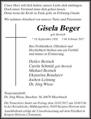 Anzeige von Gisela Beger von  Sonntags-Post 