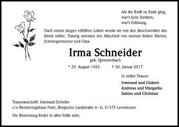 Anzeige von Irma Schneider von Kölner Stadt-Anzeiger / Kölnische Rundschau / Express