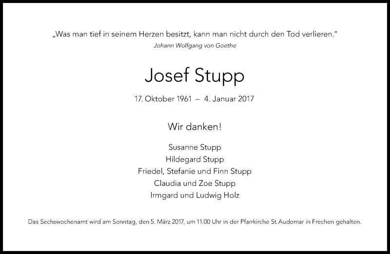  Traueranzeige für Josef Stupp vom 25.02.2017 aus Kölner Stadt-Anzeiger / Kölnische Rundschau / Express