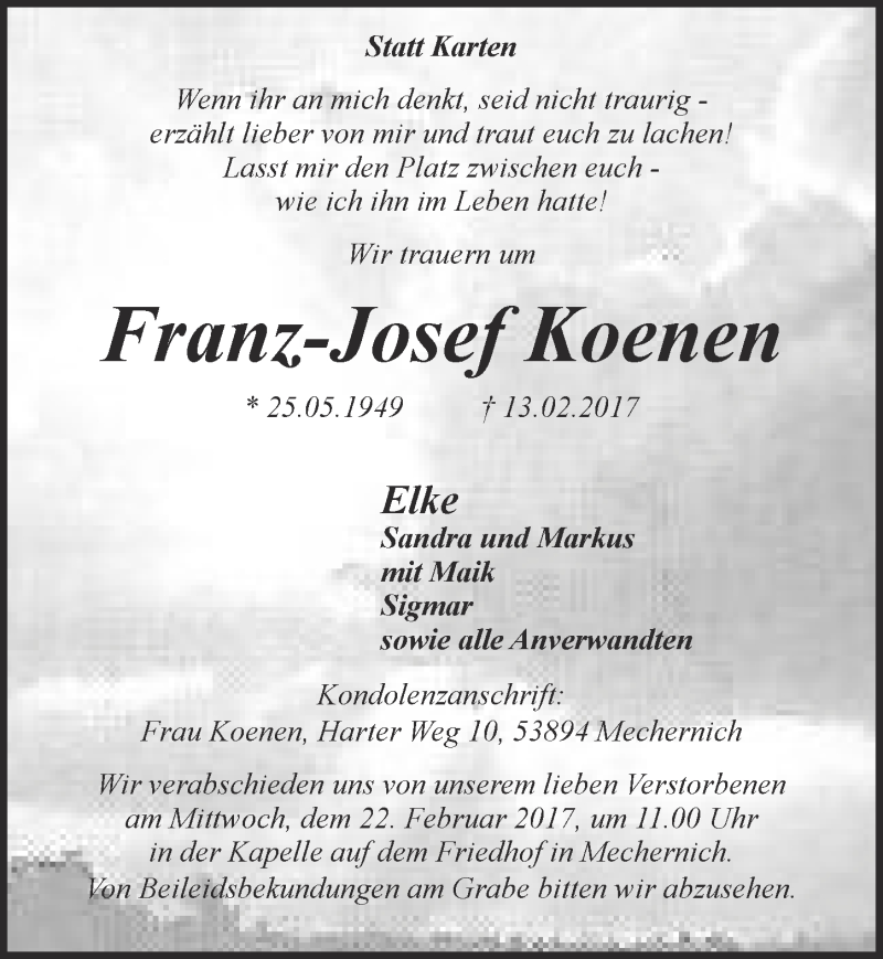  Traueranzeige für Franz-Josef Koenen vom 18.02.2017 aus  Blickpunkt Euskirchen 