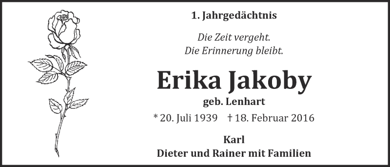  Traueranzeige für Erika Jakoby vom 15.02.2017 aus  Kölner Wochenspiegel 