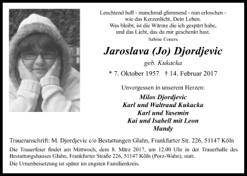 Anzeige von Jaroslava Djordjevic von  Kölner Wochenspiegel 
