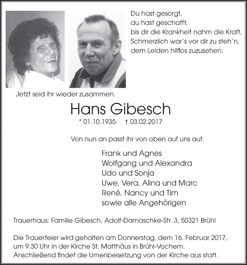  Traueranzeige für Hans Gibesch vom 15.02.2017 aus  Schlossbote/Werbekurier 