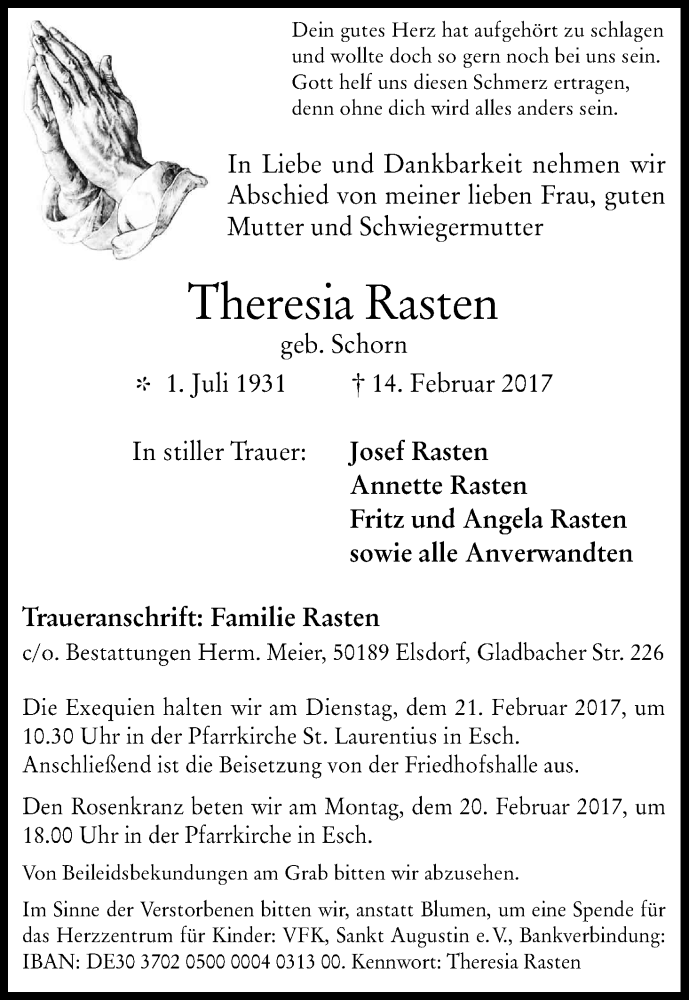  Traueranzeige für Theresia Rasten vom 17.02.2017 aus Kölner Stadt-Anzeiger / Kölnische Rundschau / Express