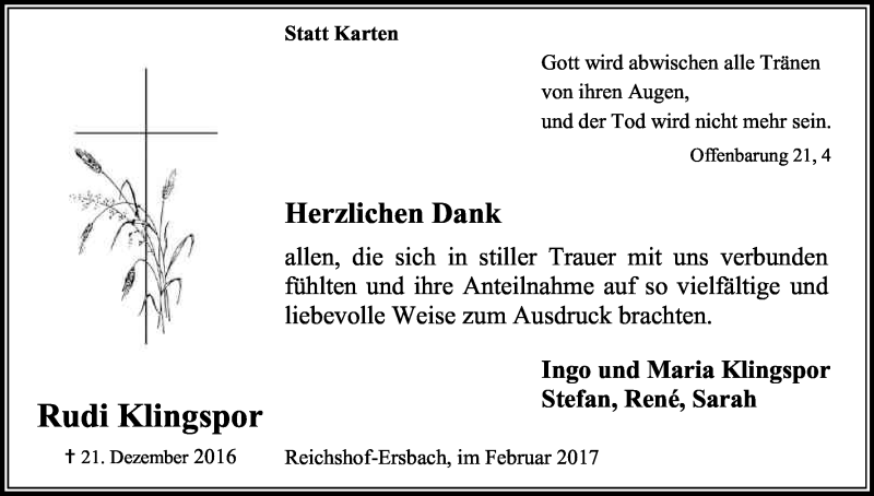  Traueranzeige für Rudi Klingspor vom 04.02.2017 aus Kölner Stadt-Anzeiger / Kölnische Rundschau / Express