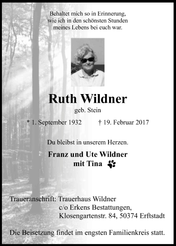Anzeige von Ruth Wildner von Kölner Stadt-Anzeiger / Kölnische Rundschau / Express