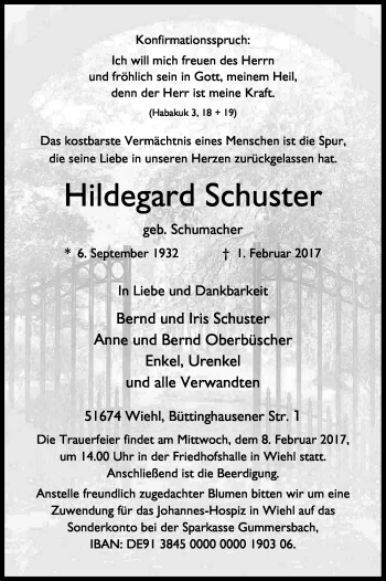Anzeige von Hildegard Schuster von Kölner Stadt-Anzeiger / Kölnische Rundschau / Express