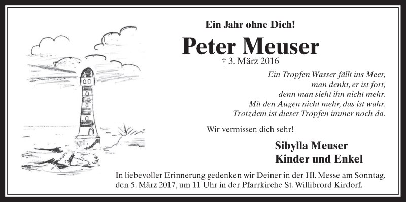  Traueranzeige für Peter Meuser vom 01.03.2017 aus  Werbepost 