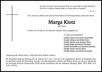 Anzeige von Marga Klotz von Kölner Stadt-Anzeiger / Kölnische Rundschau / Express