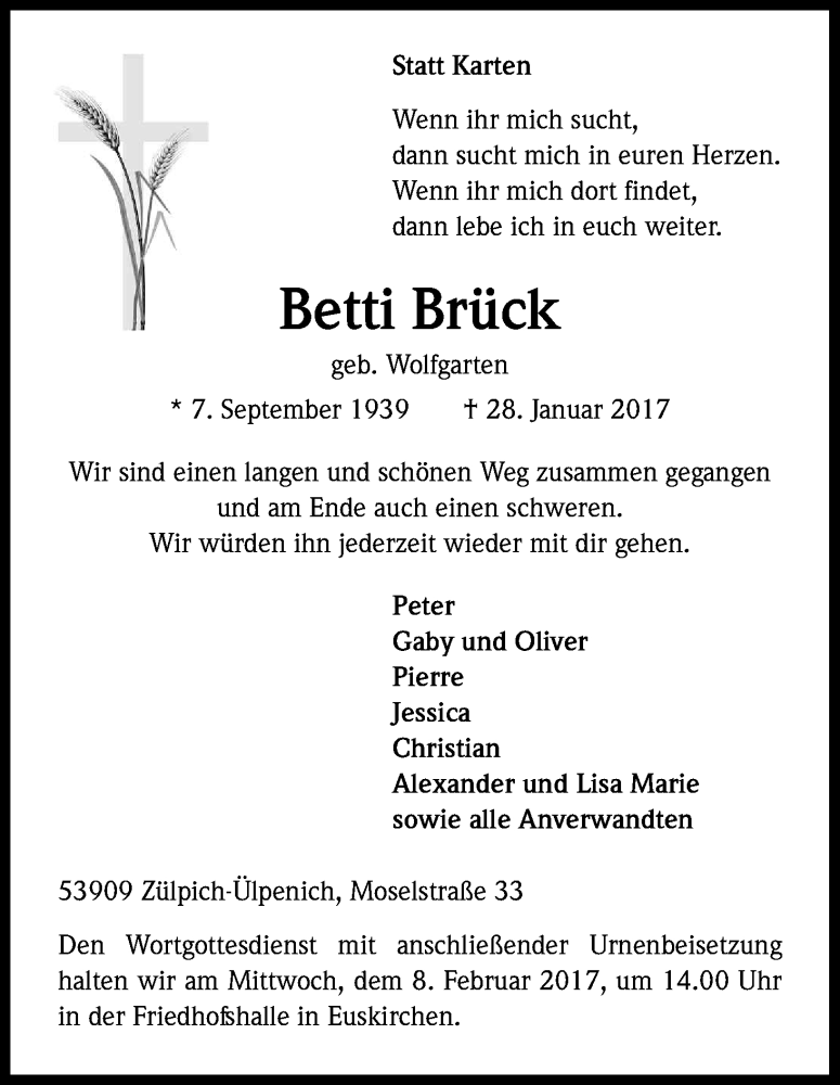  Traueranzeige für Betti Brück vom 04.02.2017 aus Kölner Stadt-Anzeiger / Kölnische Rundschau / Express
