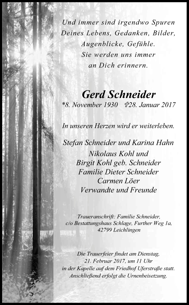  Traueranzeige für Gerd Schneider vom 18.02.2017 aus Kölner Stadt-Anzeiger / Kölnische Rundschau / Express
