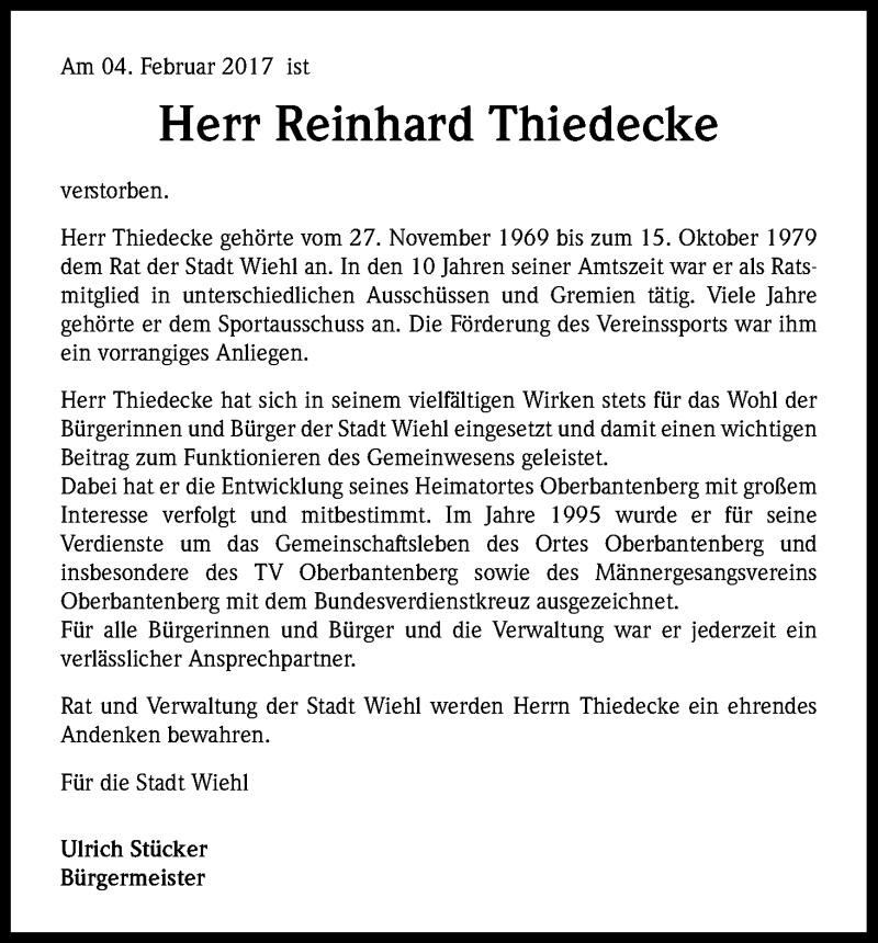  Traueranzeige für Reinhard Thiedecke vom 10.02.2017 aus Kölner Stadt-Anzeiger / Kölnische Rundschau / Express