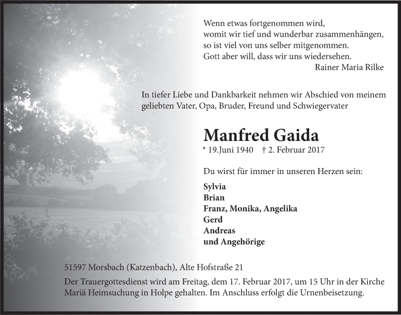  Traueranzeige für Manfred Gaida vom 15.02.2017 aus  Lokalanzeiger 