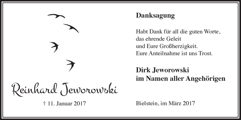  Traueranzeige für Reinhard Jeworowski vom 01.03.2017 aus  Anzeigen Echo 