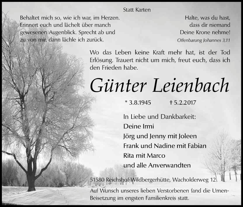  Traueranzeige für Günter Leienbach vom 18.02.2017 aus Kölner Stadt-Anzeiger / Kölnische Rundschau / Express