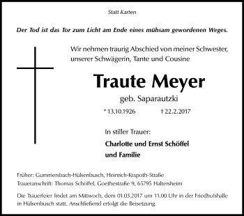 Anzeige von Traute Meyer von Kölner Stadt-Anzeiger / Kölnische Rundschau / Express