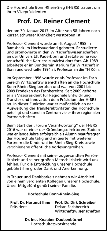 Anzeige von Reiner Clement von Kölner Stadt-Anzeiger / Kölnische Rundschau / Express