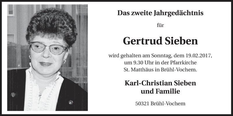  Traueranzeige für Gertrud Sieben vom 15.02.2017 aus  Schlossbote/Werbekurier 